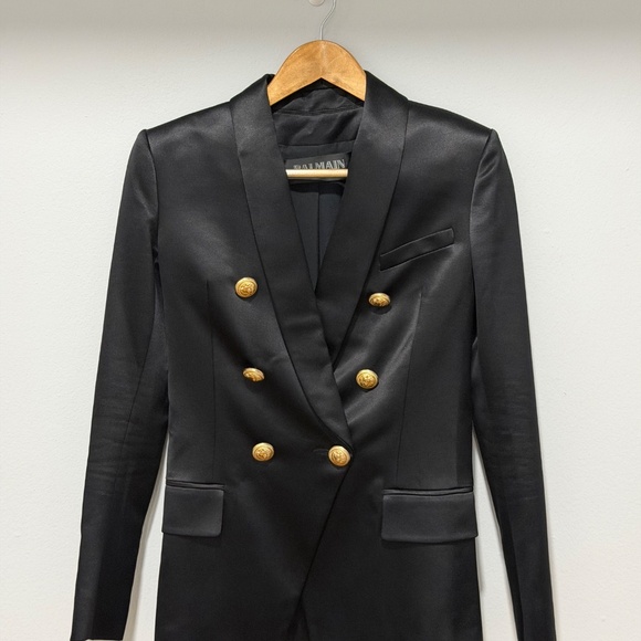 Balmain Double-Breasted Silk-Satin Blazer — Black, Gold Buttons, FR 36 (US 4) - Picture 2 of 11